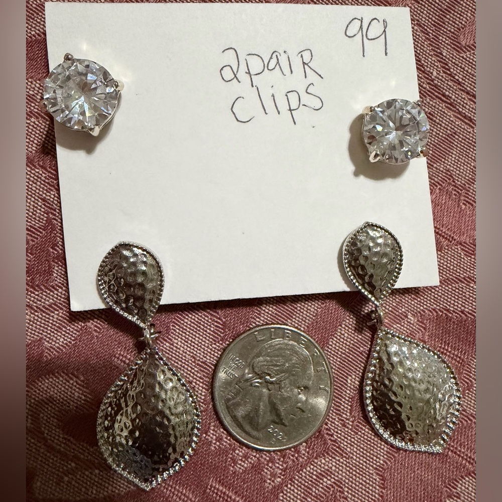 Silver-Tone Hammered Teardrop Clip-On Earrings & Crystal Stud Clips - Unbranded